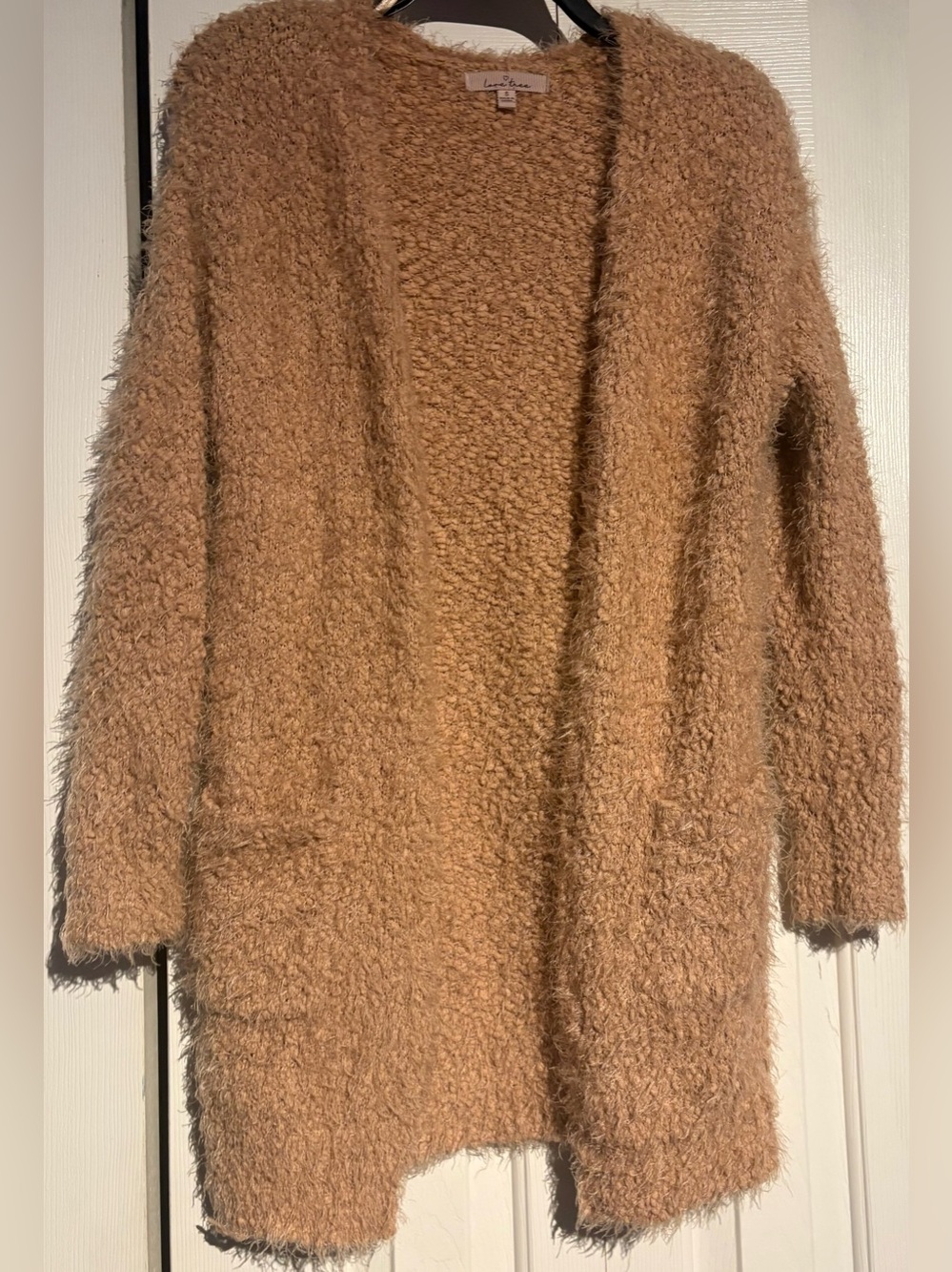 Love Tree Fuzzy Open-Front Cardigan in Camel Brown